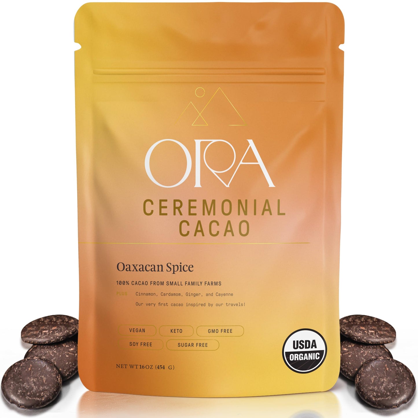Ora Ceremonial Cacao - Oaxacan Spice - Organic 100% Cacao With Cinammon  Cardamom  Flavor Blendger - Ethical - High Flavanol - Unsweetened - Heavy Metals Tested - 16Oz
