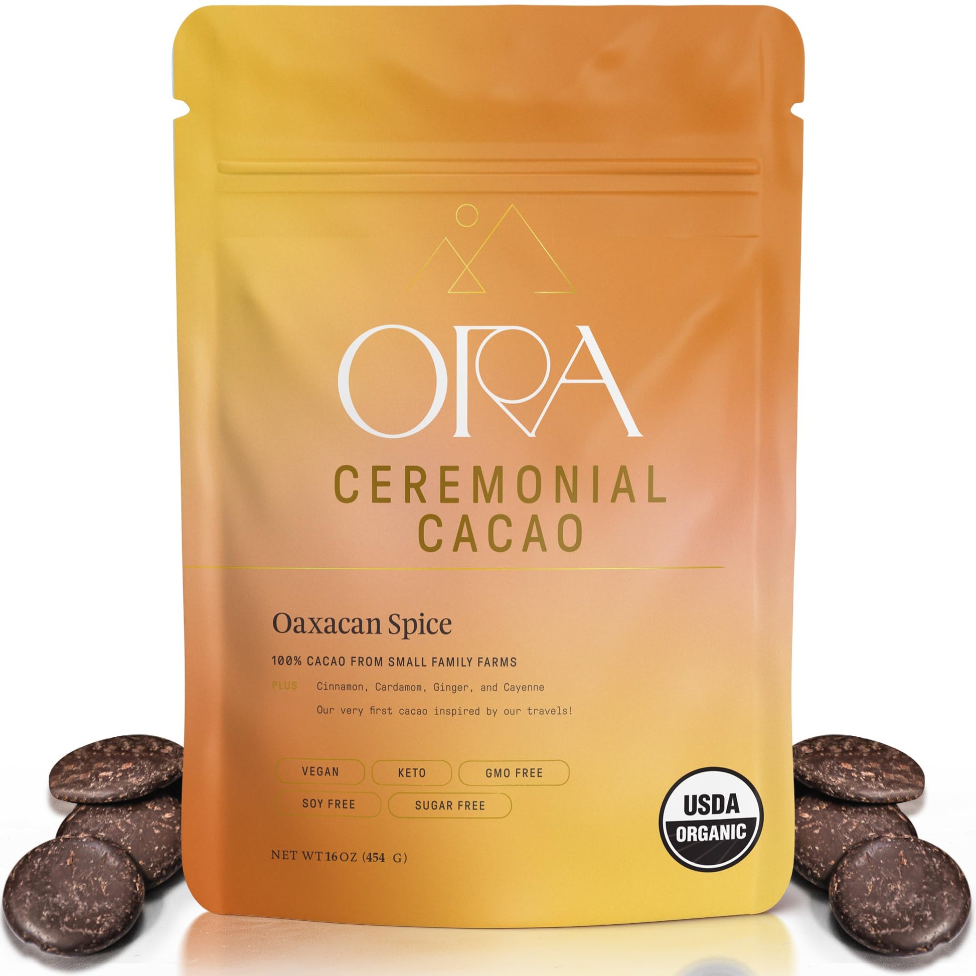 Ora Ceremonial Cacao - Oaxacan Spice - Organic 100% Cacao With Cinammon  Cardamom  Flavor Blendger - Ethical - High Flavanol - Unsweetened - Heavy Metals Tested - 16Oz