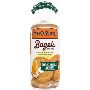 Thomas 100% Whole Wheat Bagels, 6 count, (3.0 oz each), Excellent Source Of Fiber, Kosher Whole Grain Bagels, 18 oz Bag