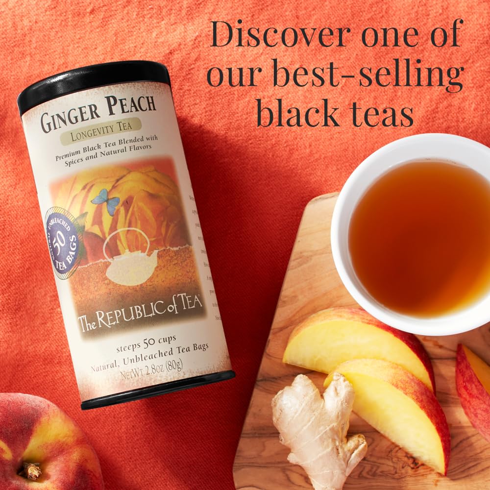 The Republic of Tea Ginger Peach Black Tea, Caffeinated, 50 Count, White, Model 0742676400028