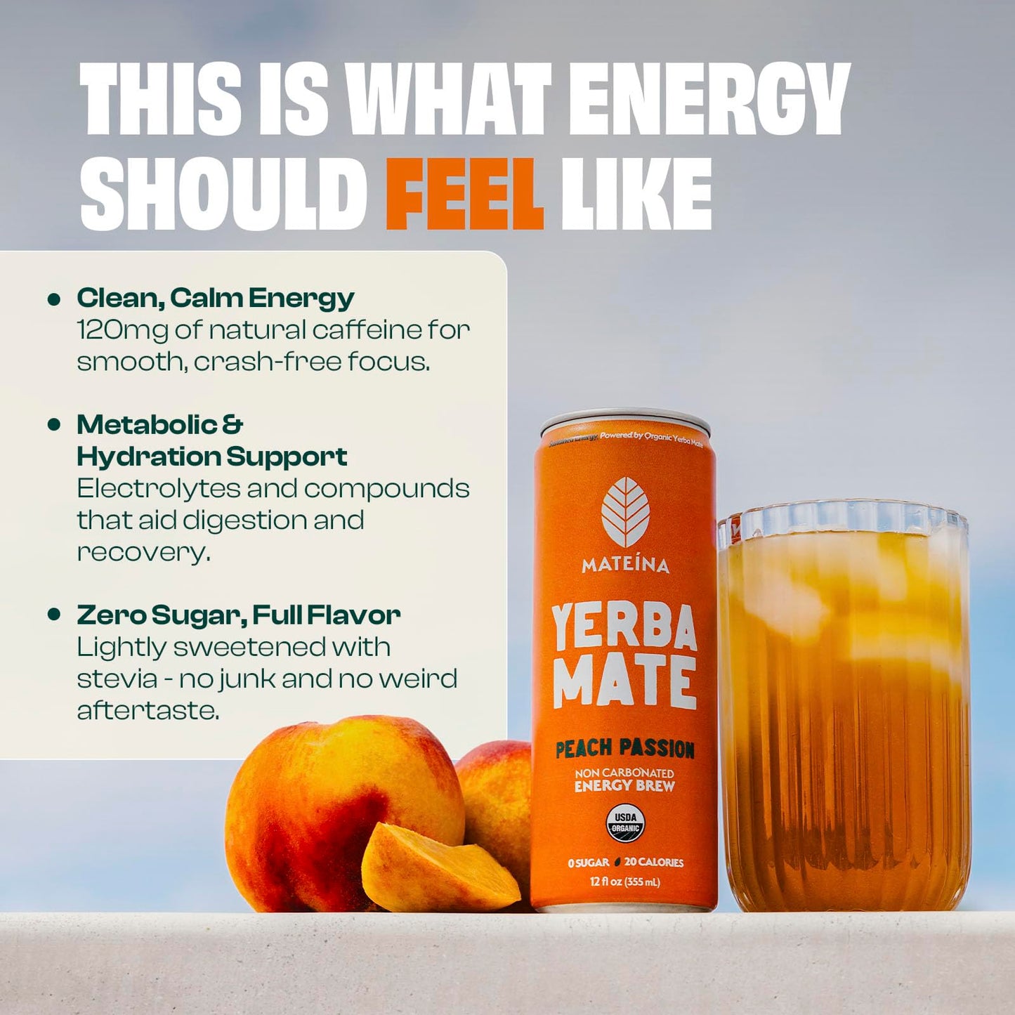 Mateina Yerba Mate Zero Sugar Energy Drink - 120mg Natural Caffeine - Organic  Non-GMO  Non-Carbonated - Dr. Andrew Huberman Recommended - 12 Pack (12oz Cans) (12 Pack  Peach Passion)