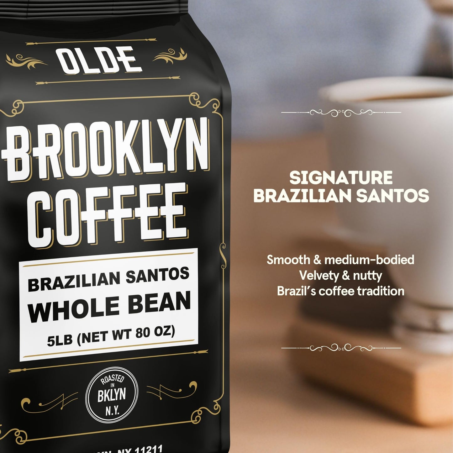BROOKLYN COFFEE Whole Bean, Brazilian Santos Medium Roast (5lb) American, Breakfast, Classic - Fresh Bulk Coffee Beans Roasted W