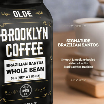 BROOKLYN COFFEE Whole Bean, Brazilian Santos Medium Roast (5lb) American, Breakfast, Classic - Fresh Bulk Coffee Beans Roasted W