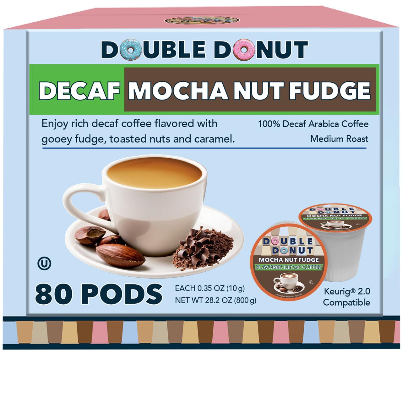 Double Donut Coffee Medium Roast Decaf Coffee Pods, Mocha Nut Fudge, 80 Single-Serve Capsules for Keurig K-Cup Machines