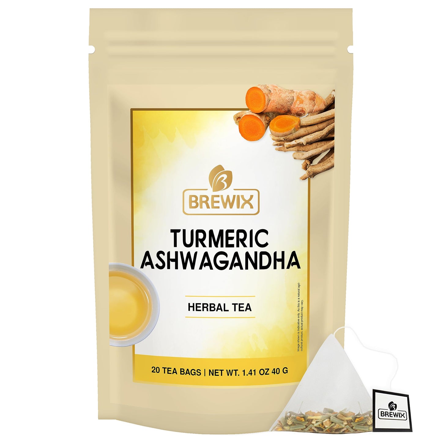 BREWIX Herbal Tea Bags, Turmeric Ashwagandha, Caffeine-Free, 20 Count, Resealable Pouch