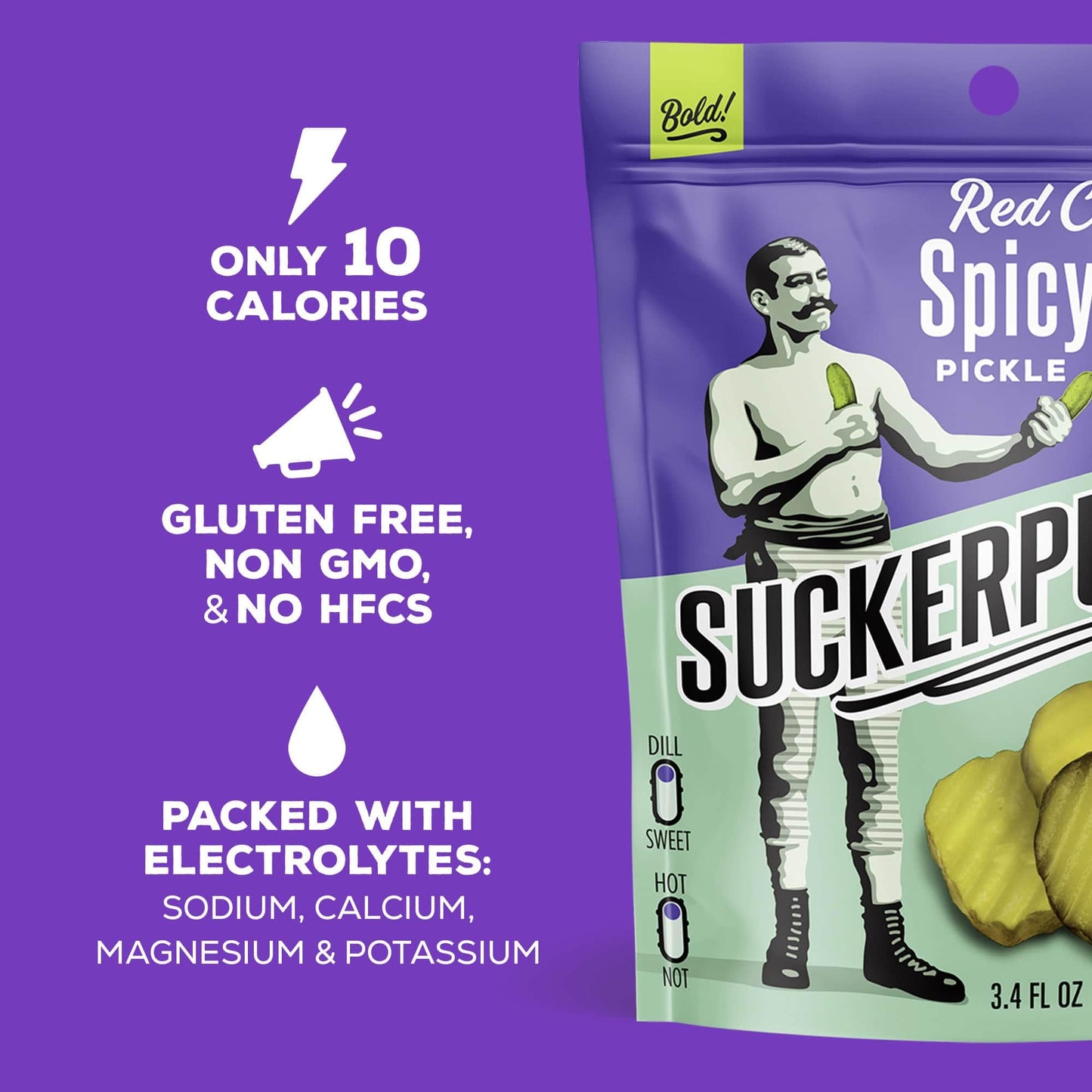 SuckerPunch Red Chile Spicy Dill Pickle Chips  Hot  Spicy Gluten Free Pickles  Sugar Free  Low Calorie  Kosher  Fresh Pickle Chips  Non GMO  Keto Friendly  Vegan  3.4 FL Oz  Snack Pouches (12 Pack)