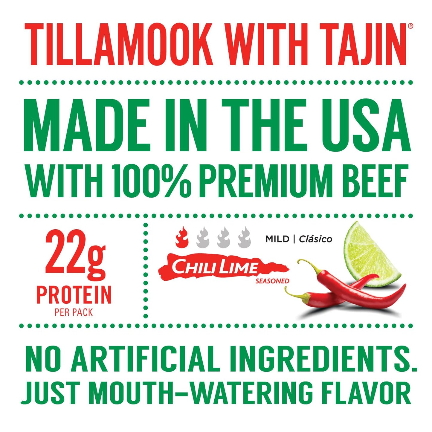 Tillamook Beef Jerky, Chili Lime Tajin, Low Carb & High Protein Snack, 2.2 oz