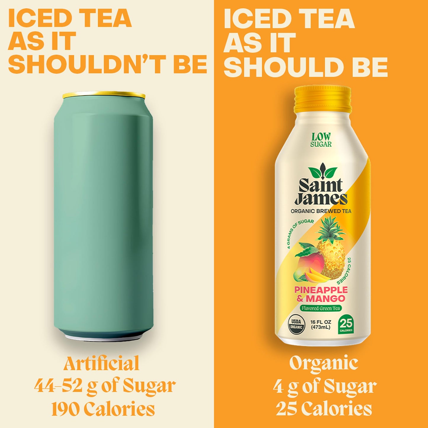 Saint James Iced Tea - Organic Green Tea - Non Gmo, Gluten Free, Low Calorie & Low Sugar - Pineapple & Mango, 12 Pack (16 Fl Oz