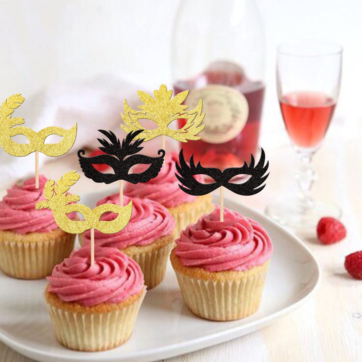 Rssta i Masquerade Masks Cupcake Toppers, 36 Pack, Black Gold Glitter, Paper for Bachelorette, Carnival, Birthday Party Decorations