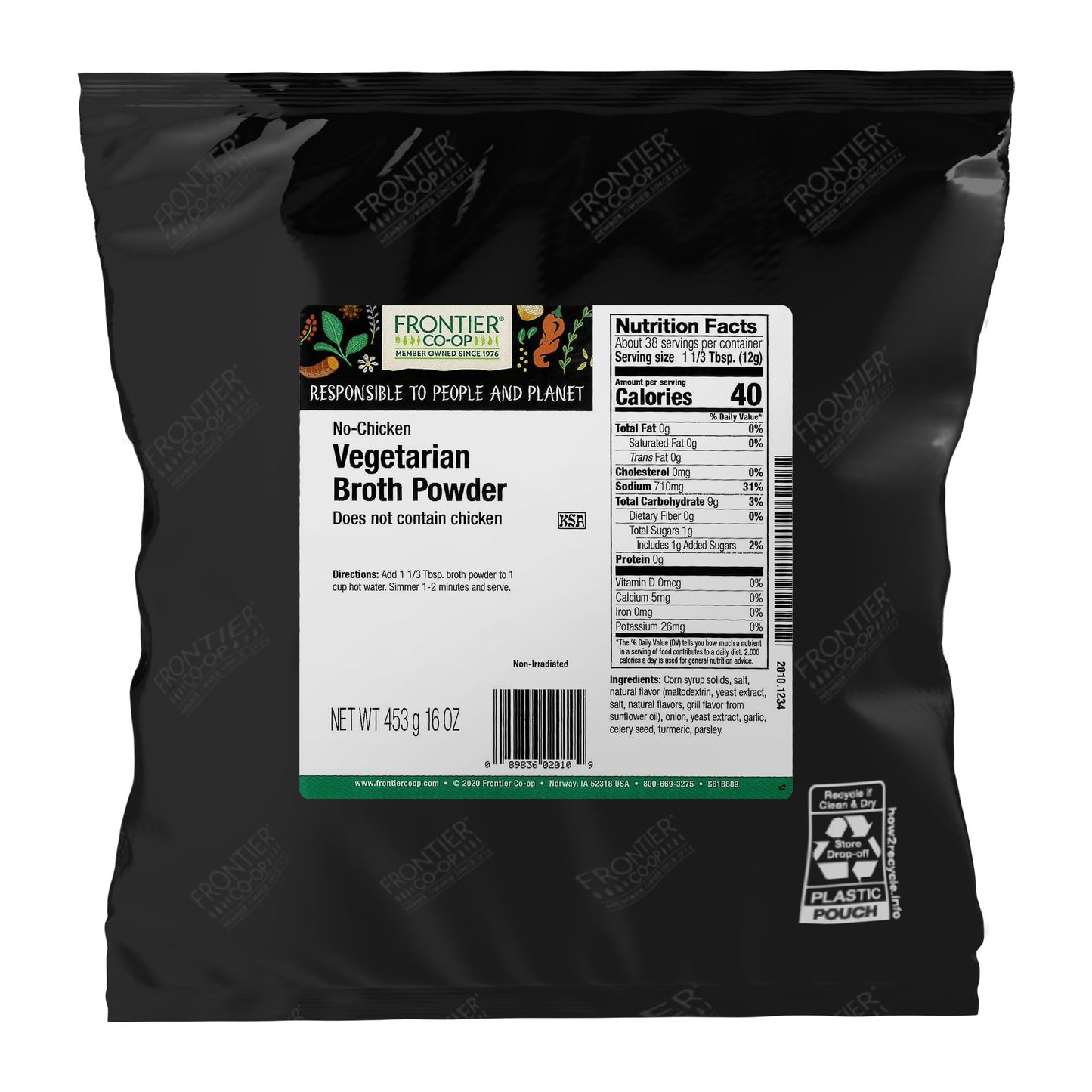 Frontier Co-op Vegetarian Broth Powder, 1lb - Vegan, No-Chicken, Veggie Alternative to Bouillon Powder - Bulk Bag, Shaker Refill, Restaurant Supply