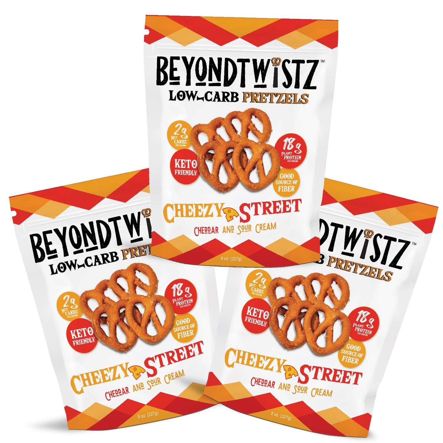 BeyondChipz Low Carb Pretzels, Cheezy Street, Keto Friendly, 8oz Bag, Pack of 3, 2g Net Carbs, 18g Protein