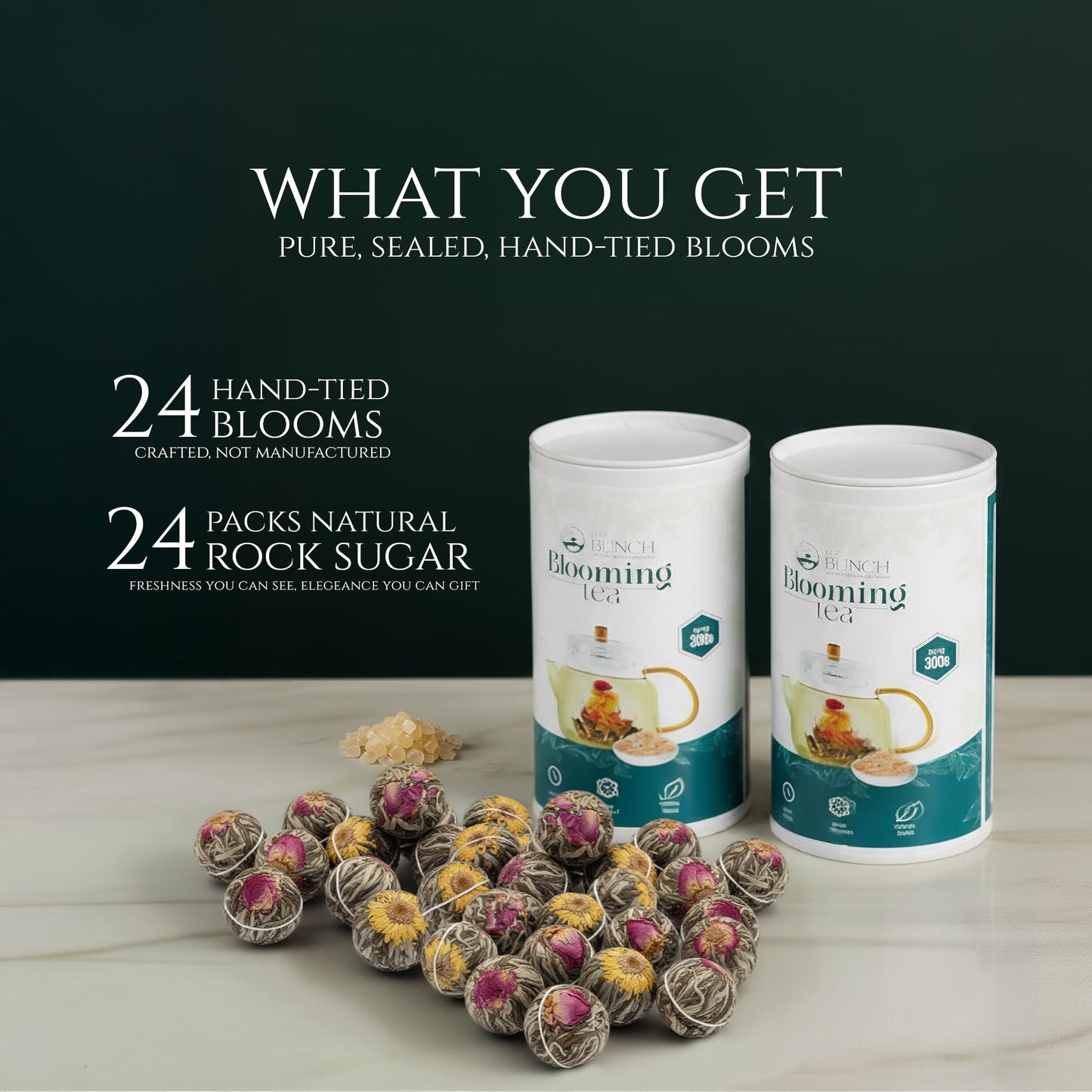 Tea Bunch Blooming Flower Tea Set – 12X2 Hand-Tied Organic Green Tea Balls With 24 Packs Of Rock Sugar, Gift-Ready Packaging, Calming Floral Tea For Wellness & Relaxation (Glass Teapot Not Included)