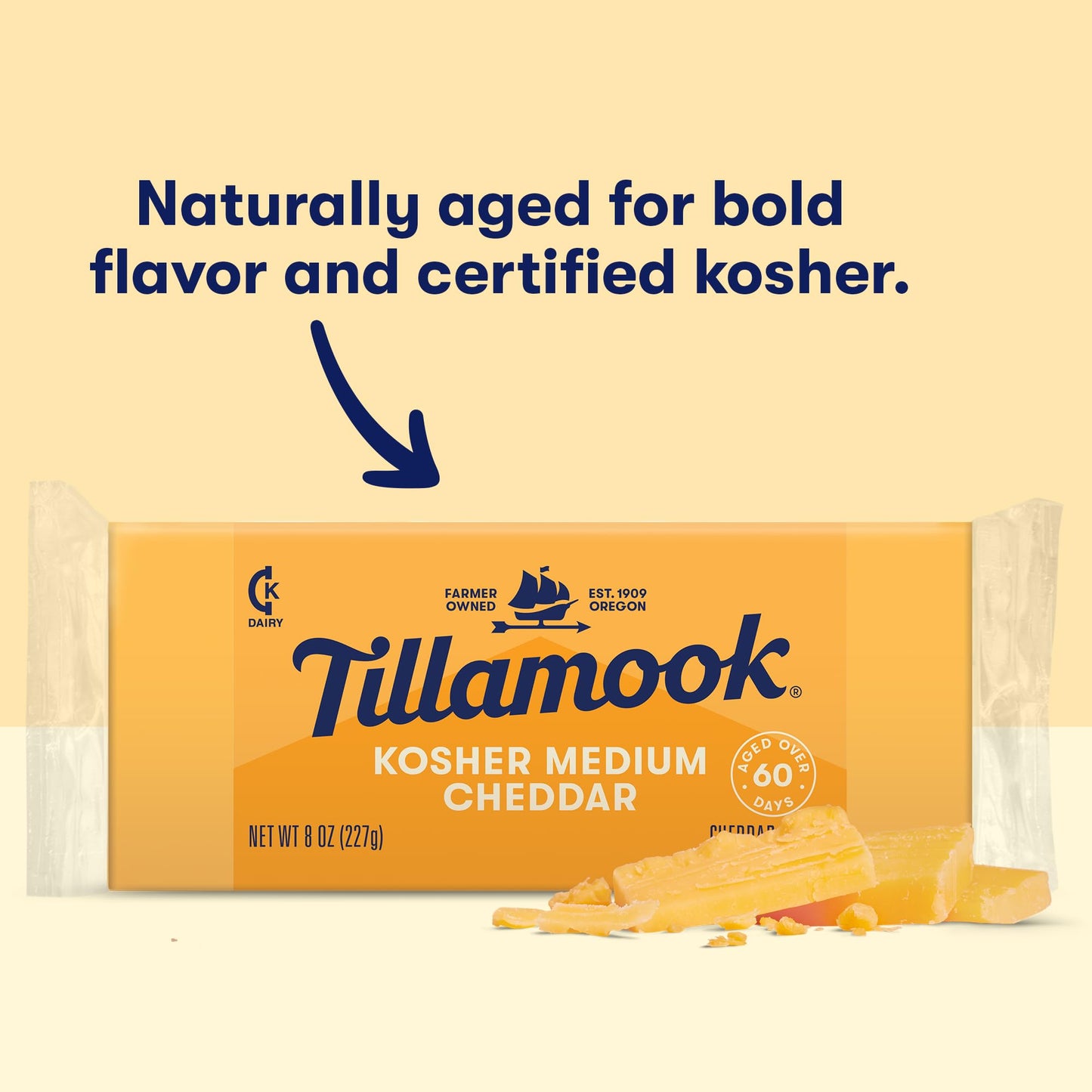Tillamook Kosher Medium Cheddar Cheese Block, 8 Ounce