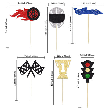 Gyufise 24Pcs Race Car Cupcake Toppers Glitter Traffic Light Wheel Trophy Flag Helmet Racing Car Cupcake Picks For Let'S Go Raci