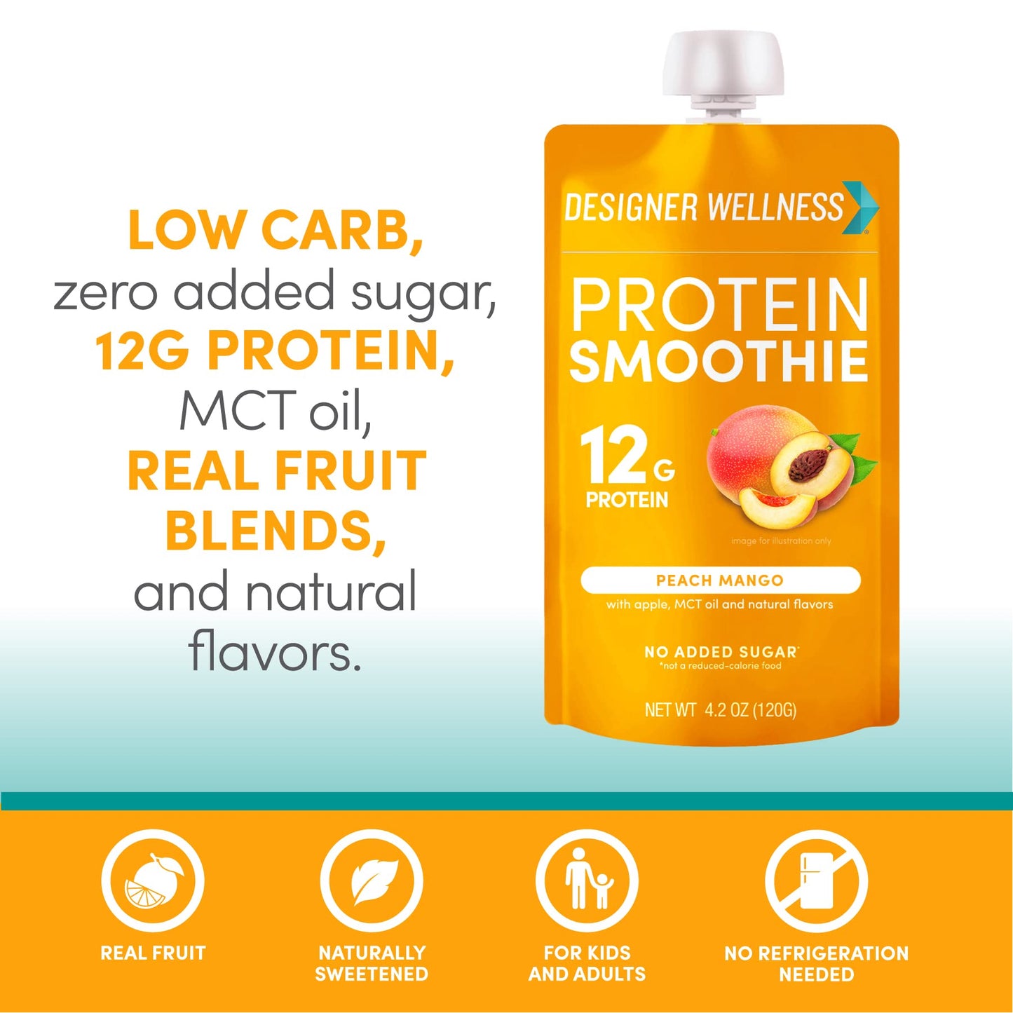 Designer Wellness Protein Smoothie, Peach Mango, 12g Protein, Low Carb, Gluten-Free, 4.2 Fl Oz (Pack of 24)
