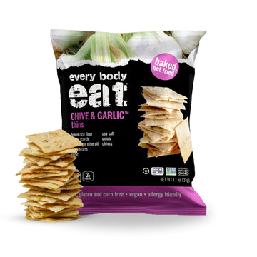 Every Body Eat Snack Thins, Chive & Garlic, Gluten & Dairy Free, Vegan, School Lunch Snacks, Single Serve (Pack of 20)