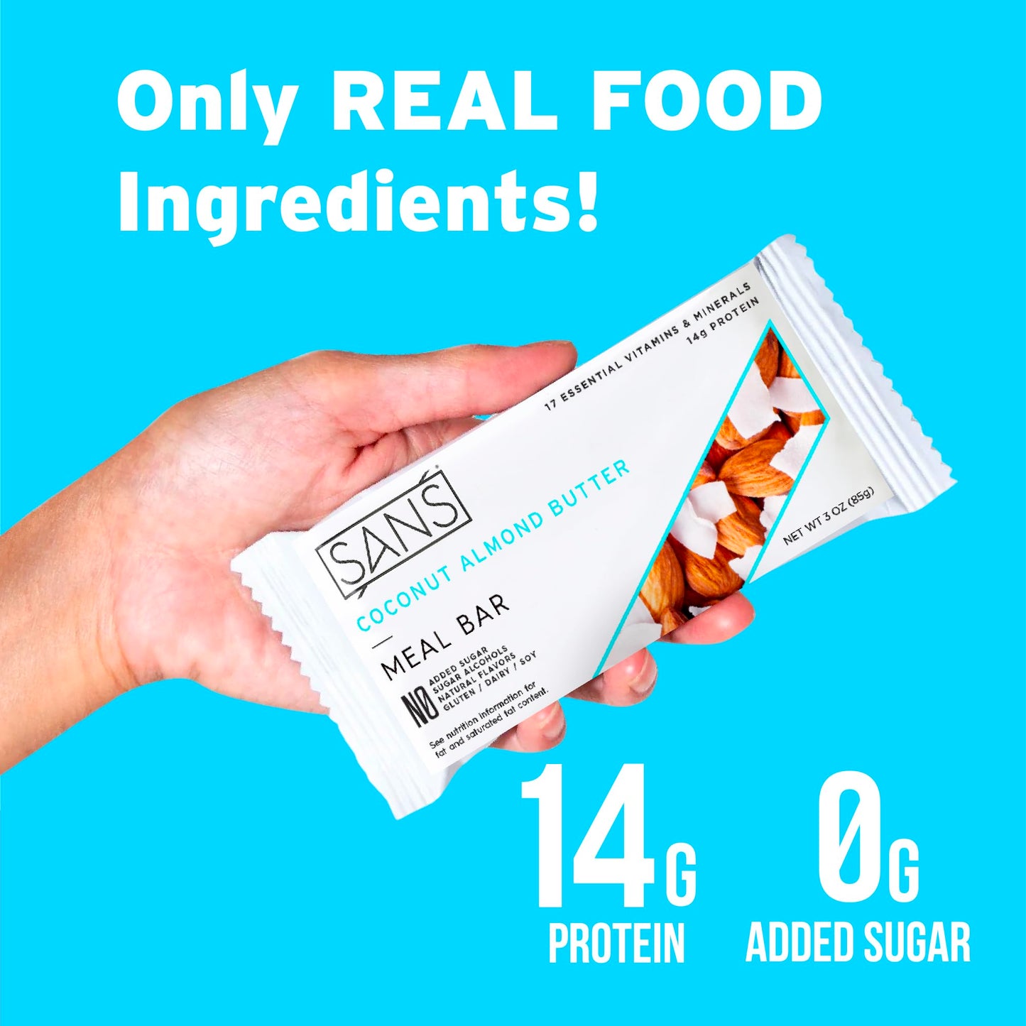 Sans Meal Replacement Protein Bar, Gluten Free, Healthy High Protein Snacks, High Fiber, No Sugar Added, Dairy Free, Soy Free, Coconut Almond Butter, 12 Bars