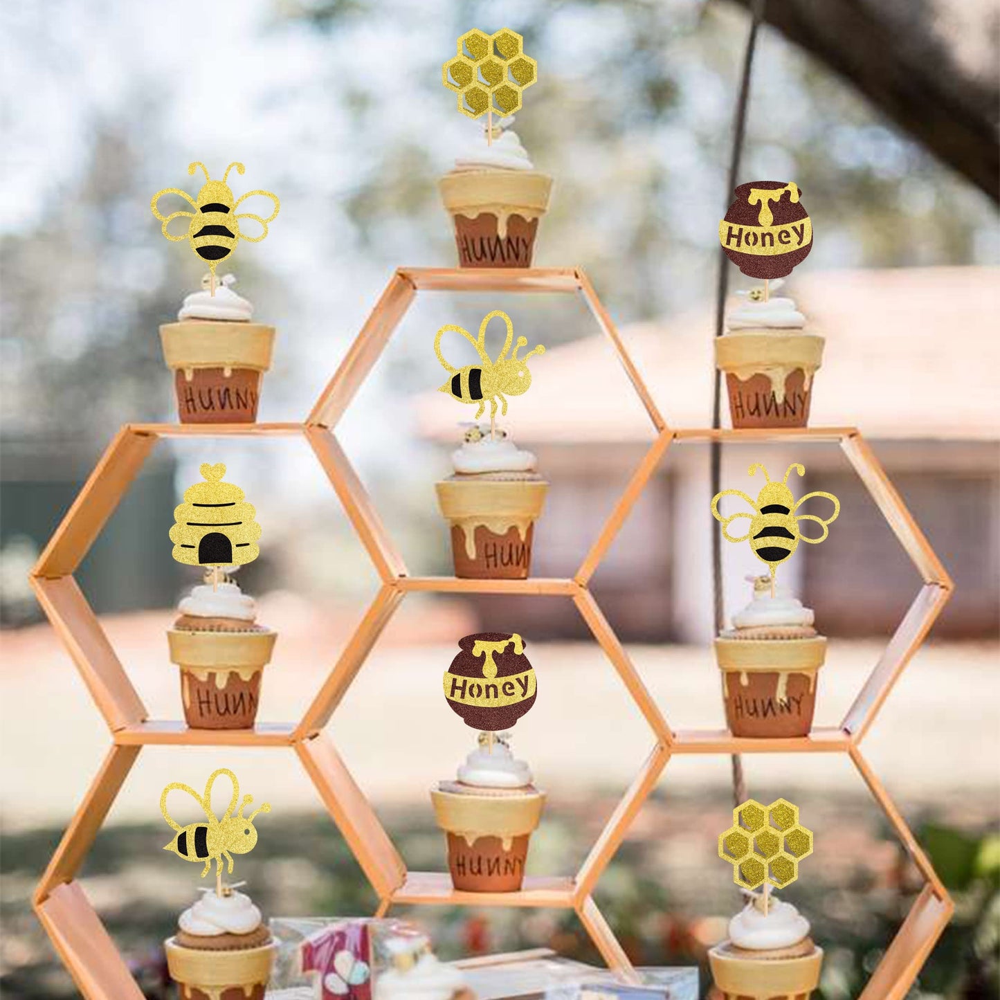 Rssta i Bumble Bee Cupcake Toppers - 30 Pack Gold Glitter Honeycomb Picks for Baby Shower & Birthday Party - Design 1