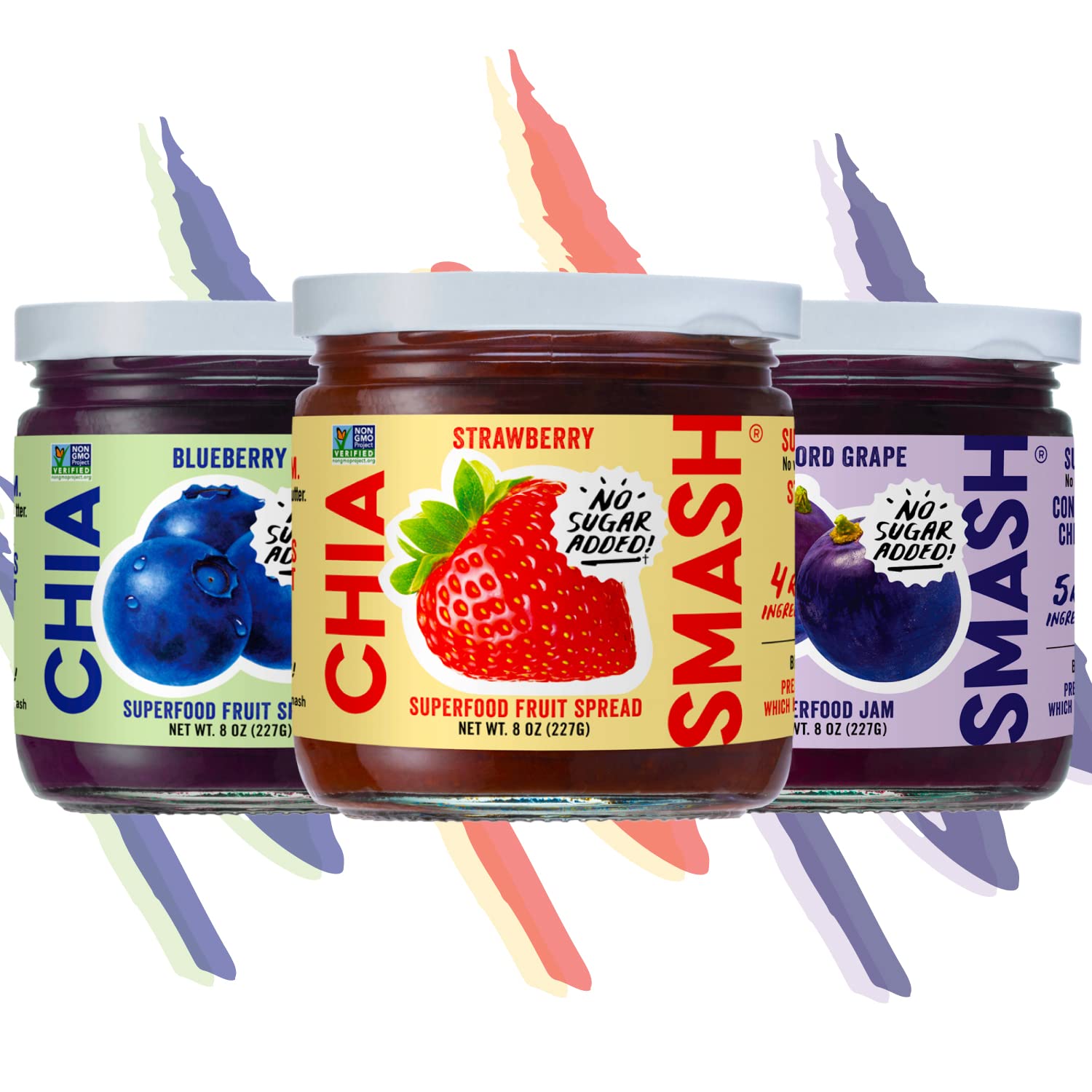 Chia Smash Jam, Variety 3-Pack Family Favorites | No Sugar Added, Naturally Sweet Jelly | Keto Friendly, Low Calorie, Low Carb |