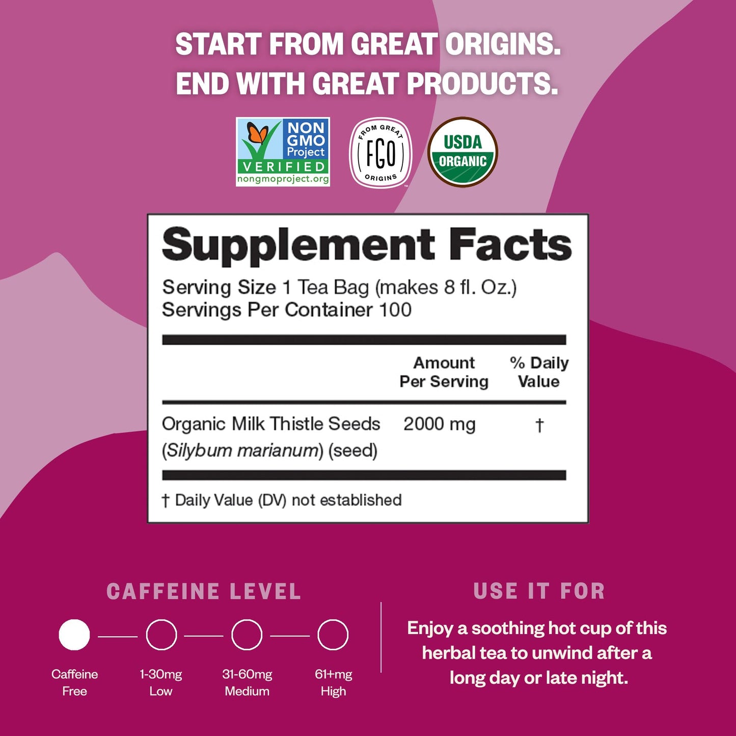 FGO Organic Milk Thistle Tea Bags, 100 Count, Eco-Conscious Packaging, Model FGO-MLKT-TEAB-100