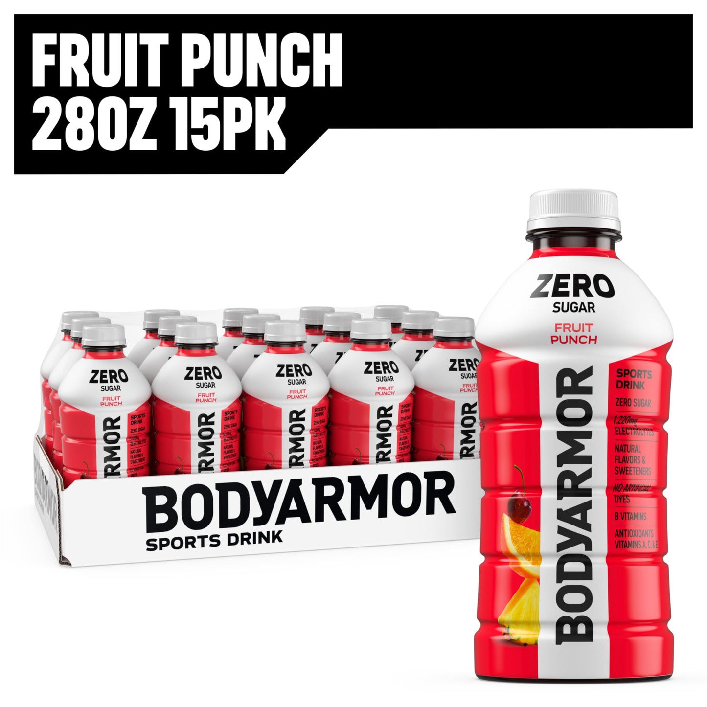 BODYprotective covering ZERO Sugar Fruit Punch  Sugar Free Sports Drink - Low-Calorie Hydration - Natural Flavors with Potassium Packed Electrolytes  Antioxidants  and B-vitamins  28 fl oz (Pack of 15)