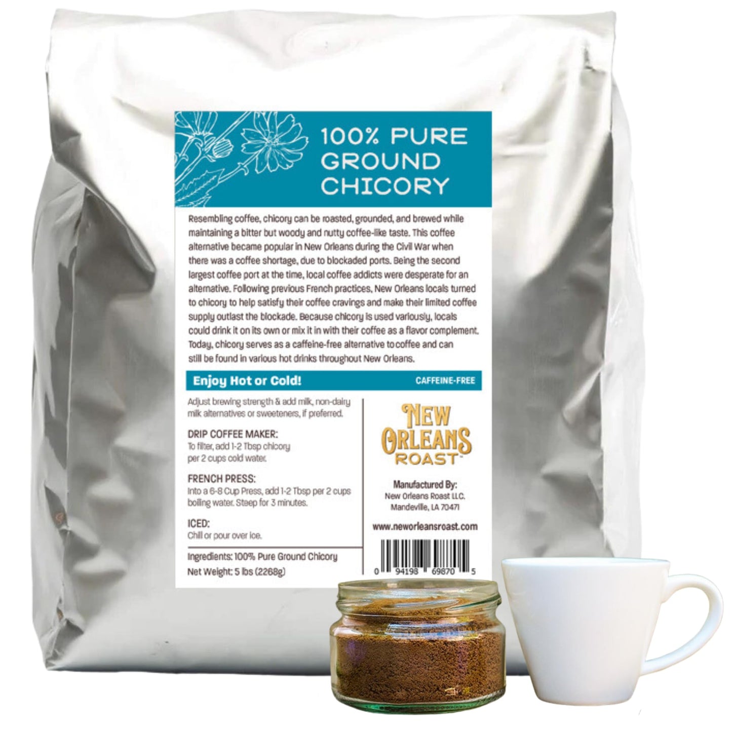 New Orleans Roast French Chicory Coffee Alternative, Dark Roast, 5 Pound Bag
