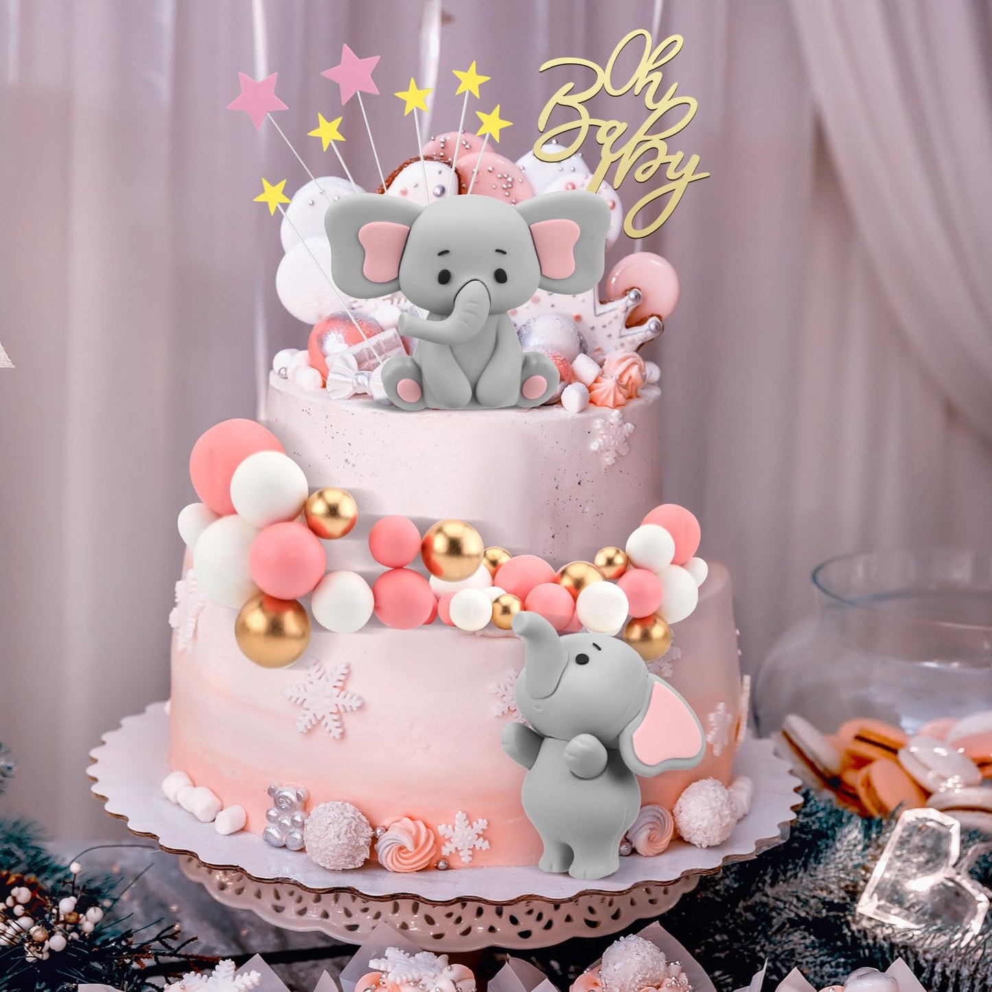 Yinder Bear Cake Toppers Mini Bear Cake Decorations Cake Toppers Gold White Pearl Ball For Birthday Party Decorations(Gray, Pink