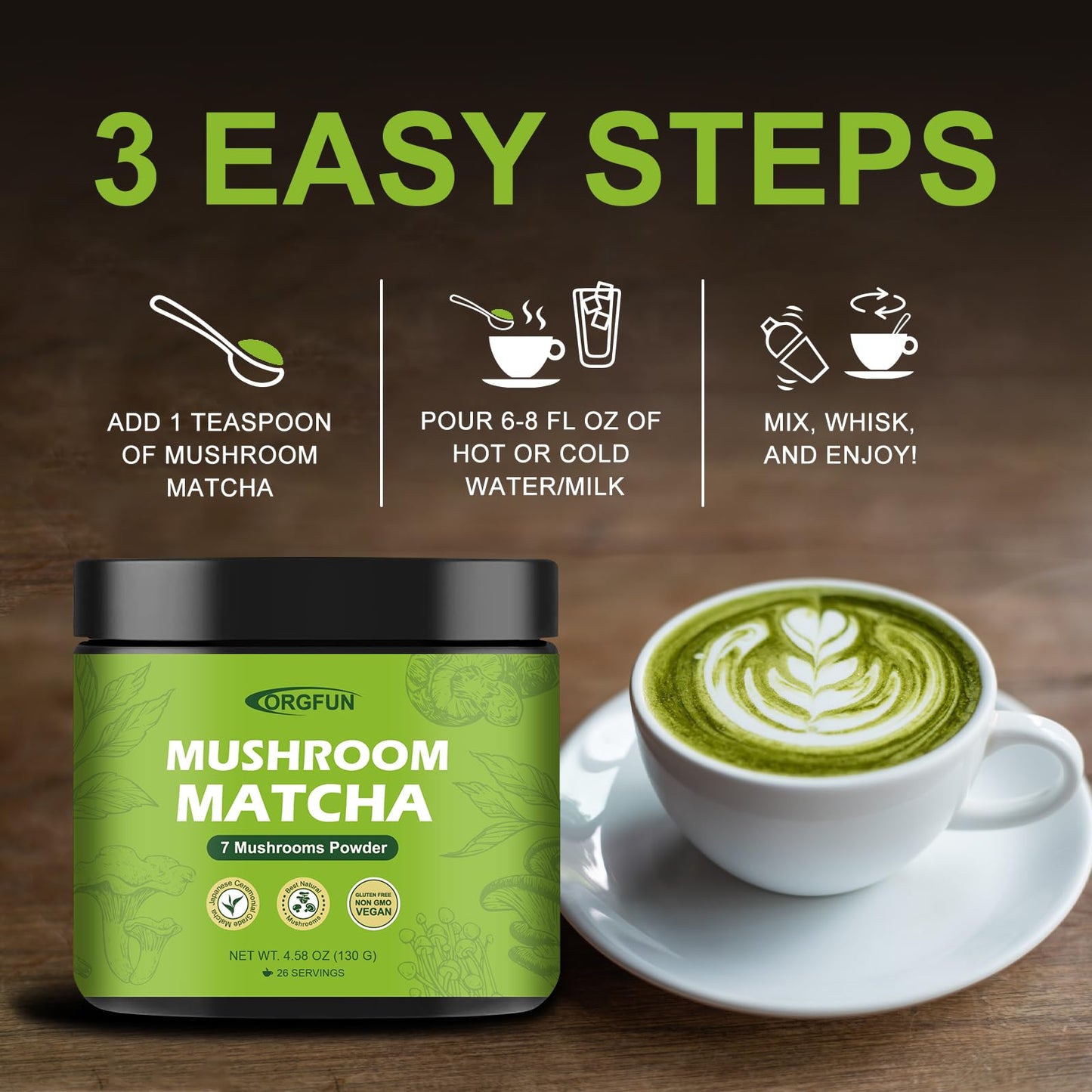 Orgfun Mushroom Matcha, Japanese Ceremonial Matcha Infused With 7 Superfood Mushrooms, Mct Oil, Coconut Milk Powder, No Added Su