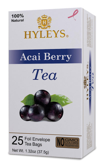 12 Pack Of Hyleys Natural Acai Berry With Green Tea - 25 Tea Bags - (100% Natural, Sugar Free, Gluten Free And Non-GMO)