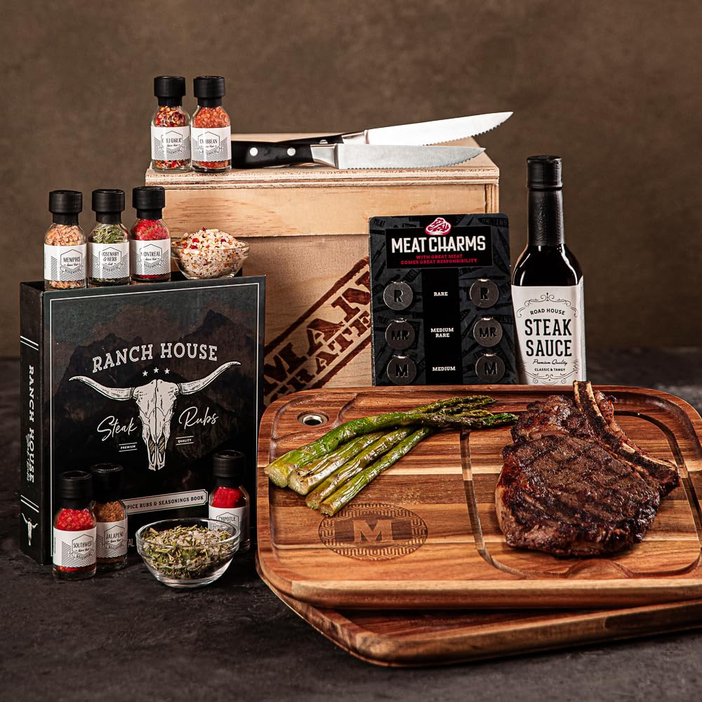Man Crates Personalized Steak Night Crate – Personalized Solid Wood Steak Plates, Stainless Steel Cutting Tool, Steak Charms, Seasonings & Sauces – Ultimate Steak Gift Set