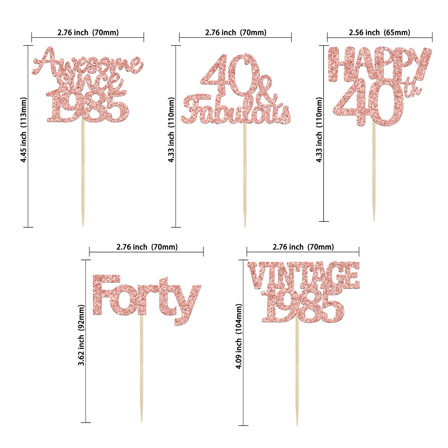 Gyufise 30Pcs Rose Gold 40Th Birthday Cupcake Toppers Glitter Cheers To 40 Fabulous Forty Vintage 1983 Cupcake Picks 40Th Birthd