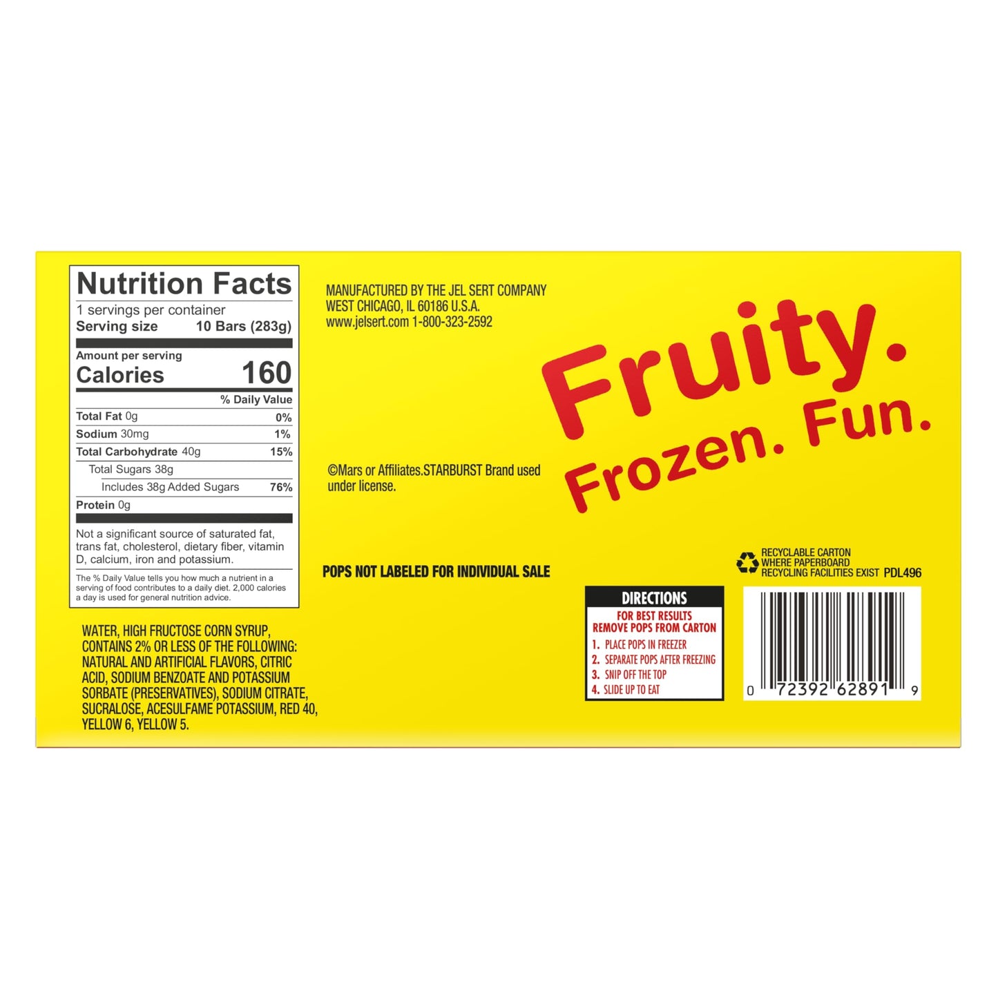 The Jel Sert Company Starburst Fruit Flavored Popsicles Variety Pack - Pack Of 2-10 Count Boxes - 20 Total Treats - Orange, Stra