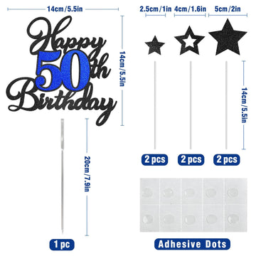 Happy 50Th Birthday Cake Toppers, Black Blue Glitter Cake Decorations Set, 50Th Birthday Decor, Birthday Anniversary Party Decor