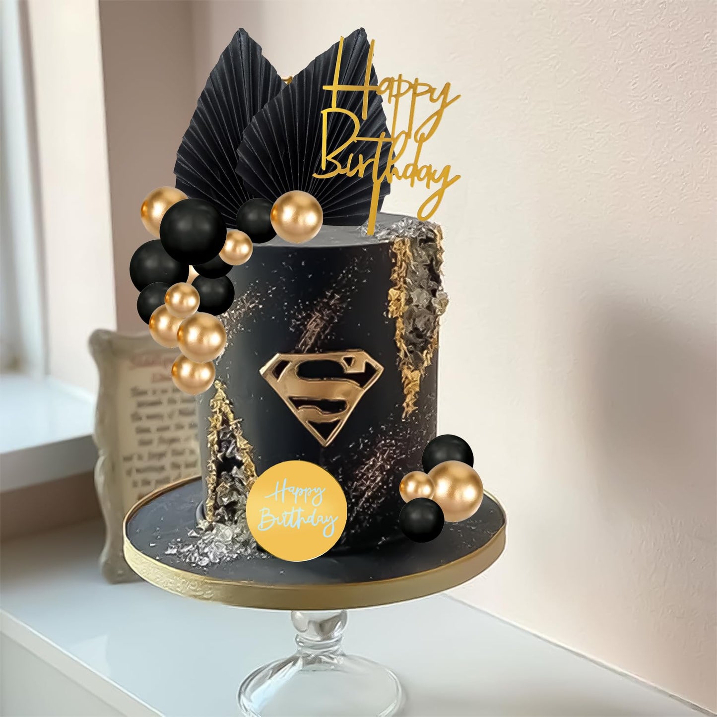 Memovan 26Pcs Man Cake Topper Black Boho Cake Topper Black Gold Balls Palm Leaves Black Gold Cake Decorations For Man Boy Bohemi