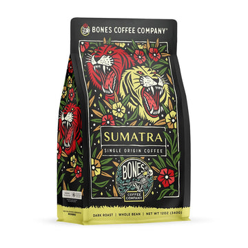 Bones Coffee Company Sumatra Single-Origin Whole Coffee Beans, Low Acid Coffee Made With Arabica Coffee Beans, Dark Roast Gourme