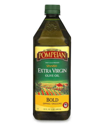 Pompeian Spanish Bold Extra Virgin Olive Oil, First Cold Pressed, Strong, Fruity Flavor, Perfect for Dipping and Drizzling, 32 F