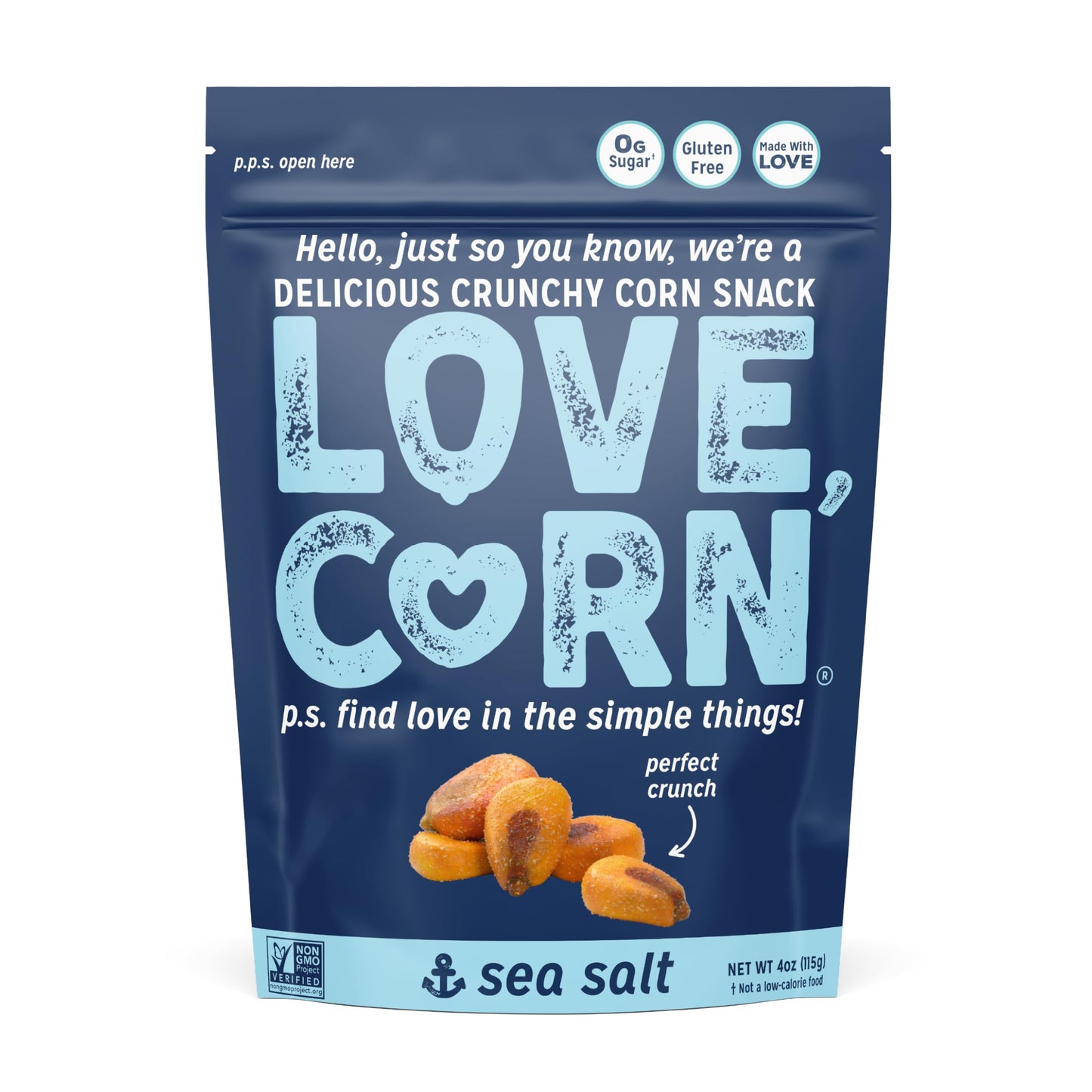 LOVE CORN Sea Salt 4oz x 1 bag - Delicious Crunchy Corn - Healthy Family Snacks - Gluten Free, Kosher, NON-GMO - Alternative for