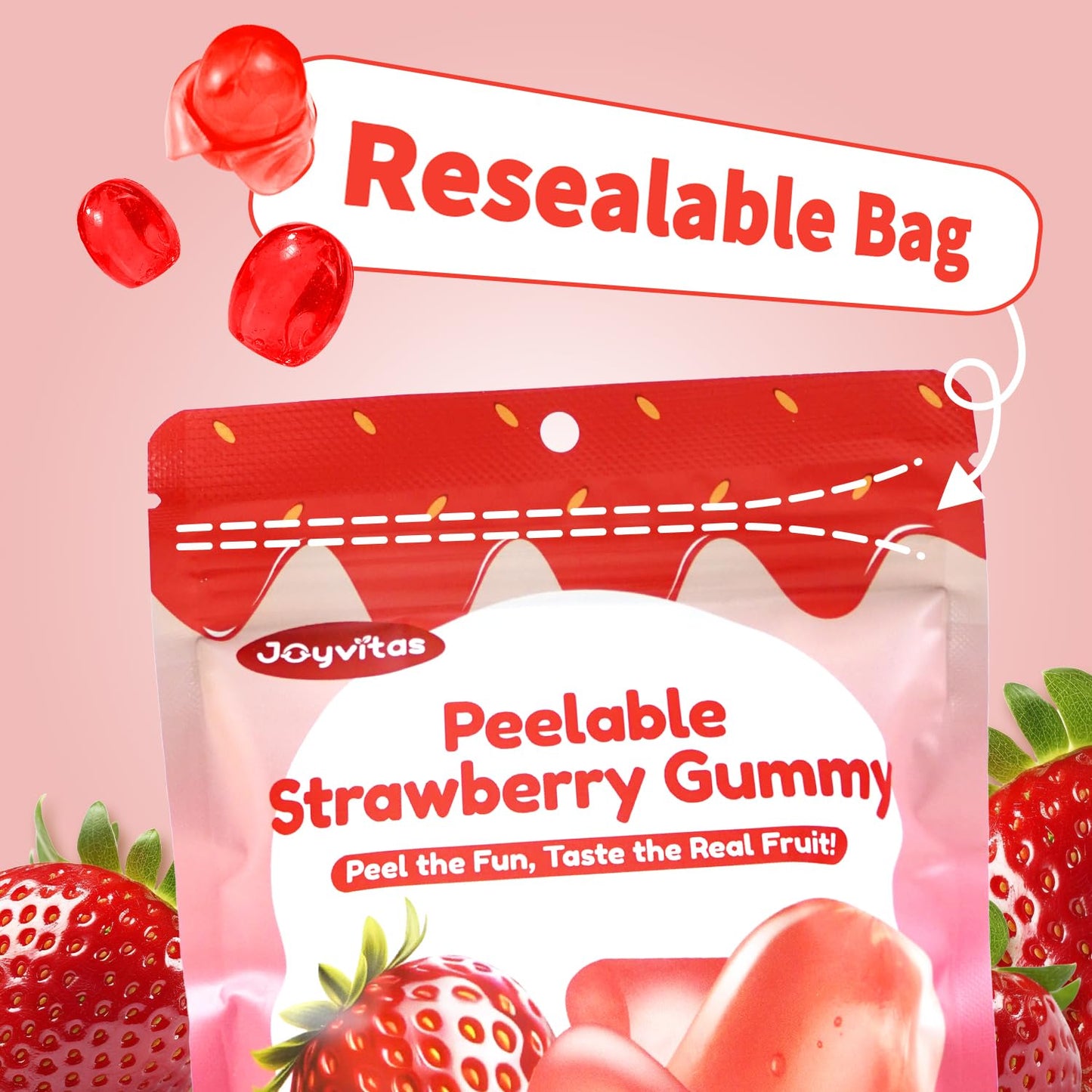 Joyvitas Peelable Gummy Strawberry Candy – Low Sugar, Individually Wrapped, 3 Pack (9.53oz) – Perfect for Stocking Stuffers