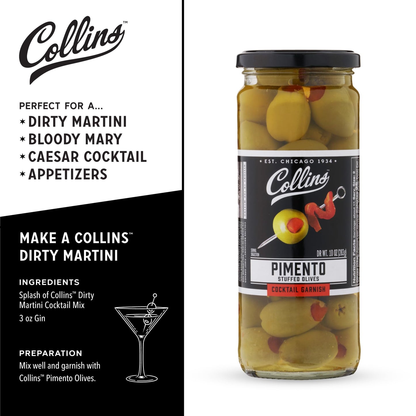 Collins Chicago Pimento Olives, Premium Garnish for Cocktails, 10oz Glass Jar, Black Lid