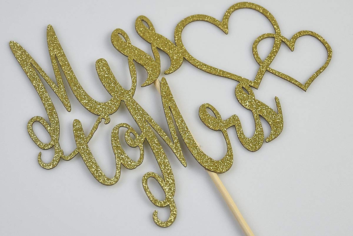 Miss To Mrs Cake Topper For Bridal Shower, Engagement, Wedding Party Decorations, Gold Glitter