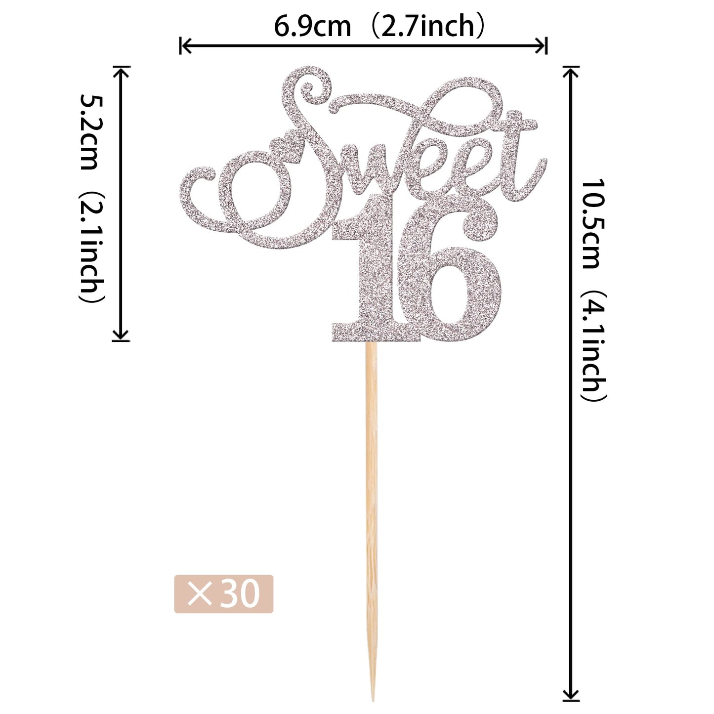 Rssta i Cupcake Toppers, 30 Pack Glitter Love Heart for 16th Birthday, Silver, Model XM201
