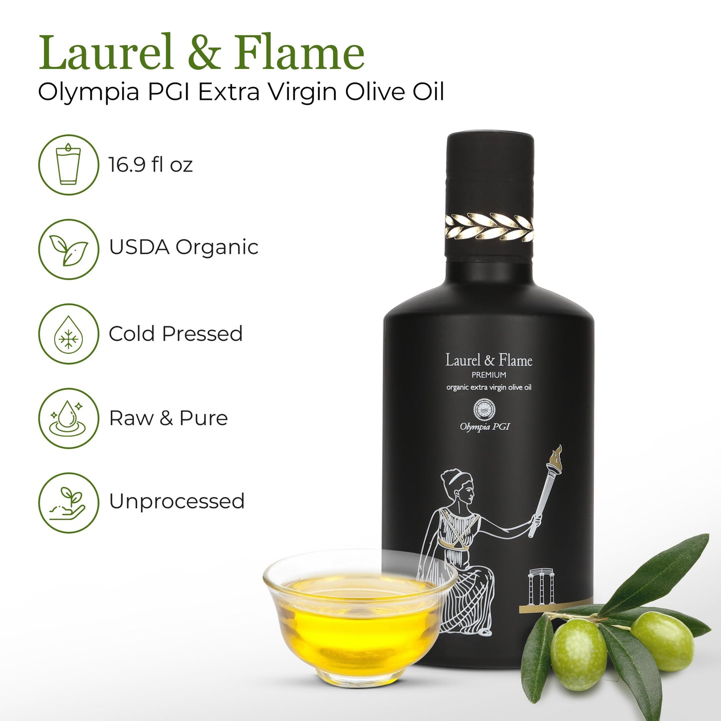 World'S Best Gold Award - Laurel & Flame Olympia Pgi Premium Olive Oil Extra Virgin - Polyphenol Rich (1029 Mg/Kg) - Usda Organi