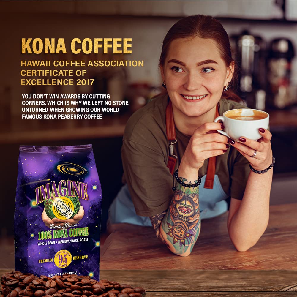 Imagine Kona Organic Coffee Beans | Arabica Kona Beans | Top Grade Air Roasted | Medium Dark Roast | Organic Whole Bean - 8Oz