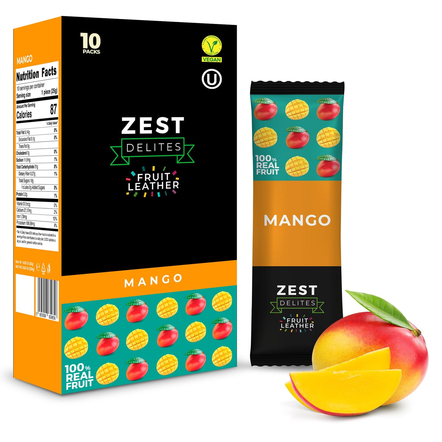 ZEST Delites Fruit Snacks, Dried Mango Bars, No Sugar Added, 0.88 oz x 10 Pack