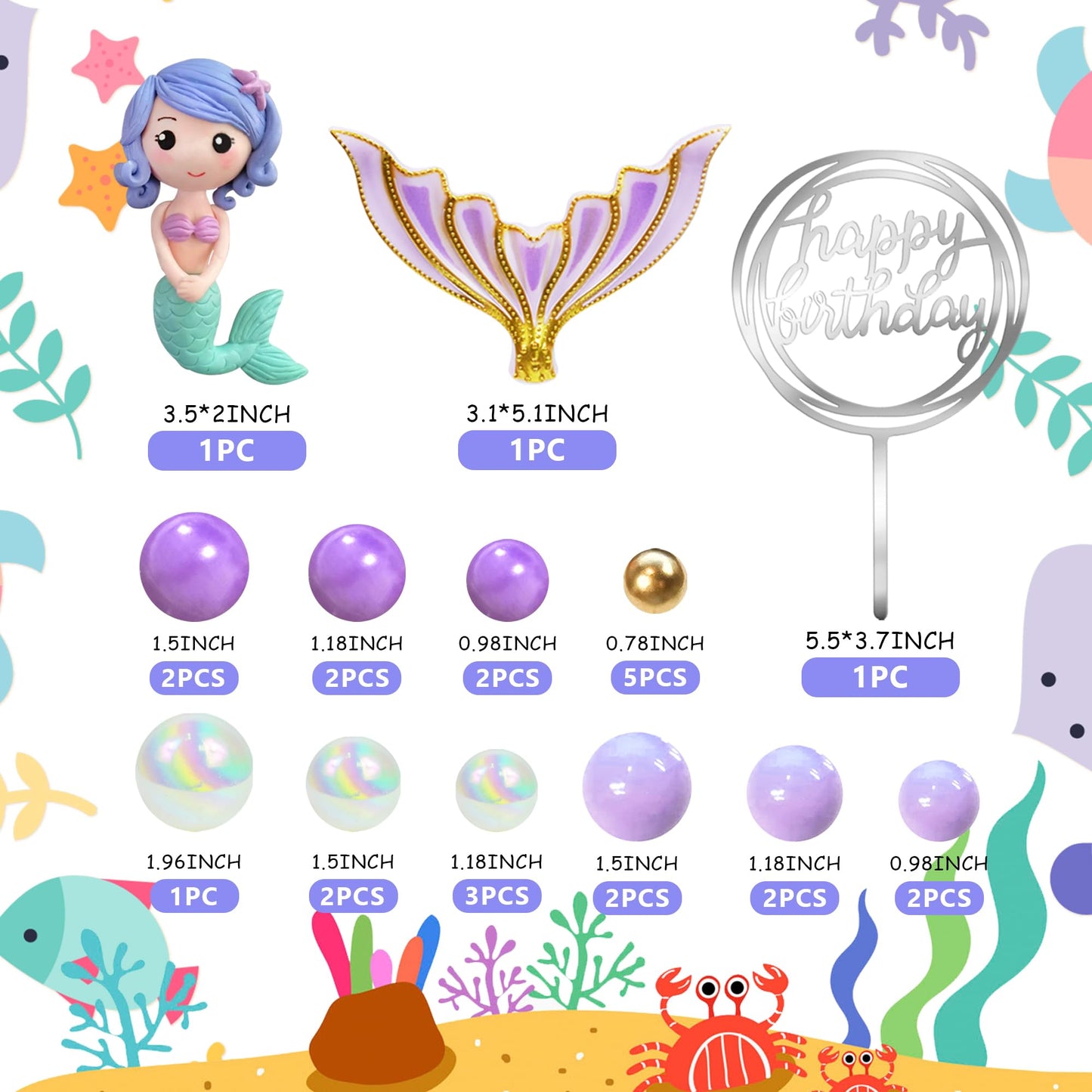 Mermaid Cake Toppers Under The Sea Mermaid Tail Cake Decorations Gold Purple Pearl Ball For Girl Kid Birthday Party Mermaid Them