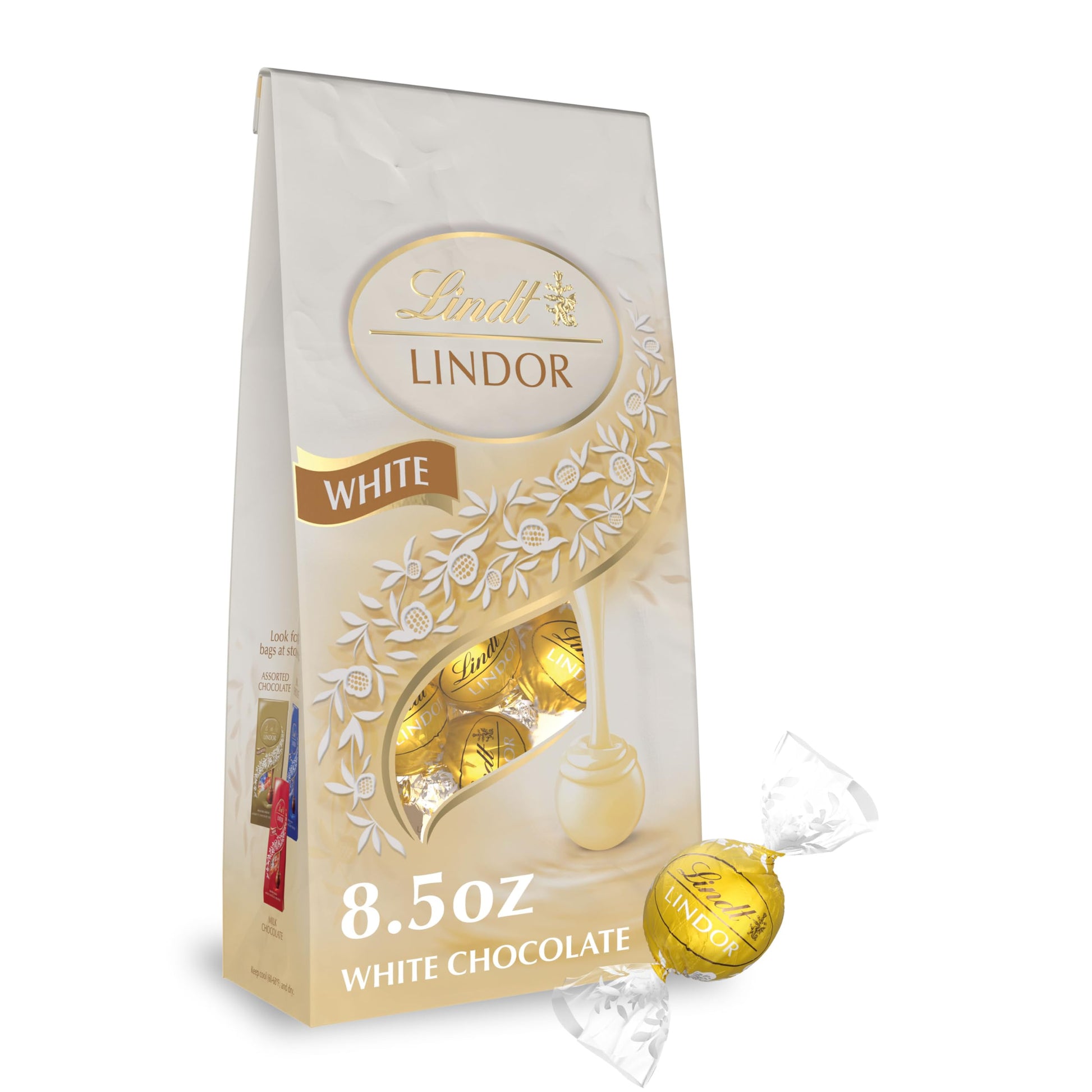 Lindt LINDOR White Chocolate Candy Truffles, Chocolates with Smooth, Melting Truffle Center, 8.5 oz. Bag