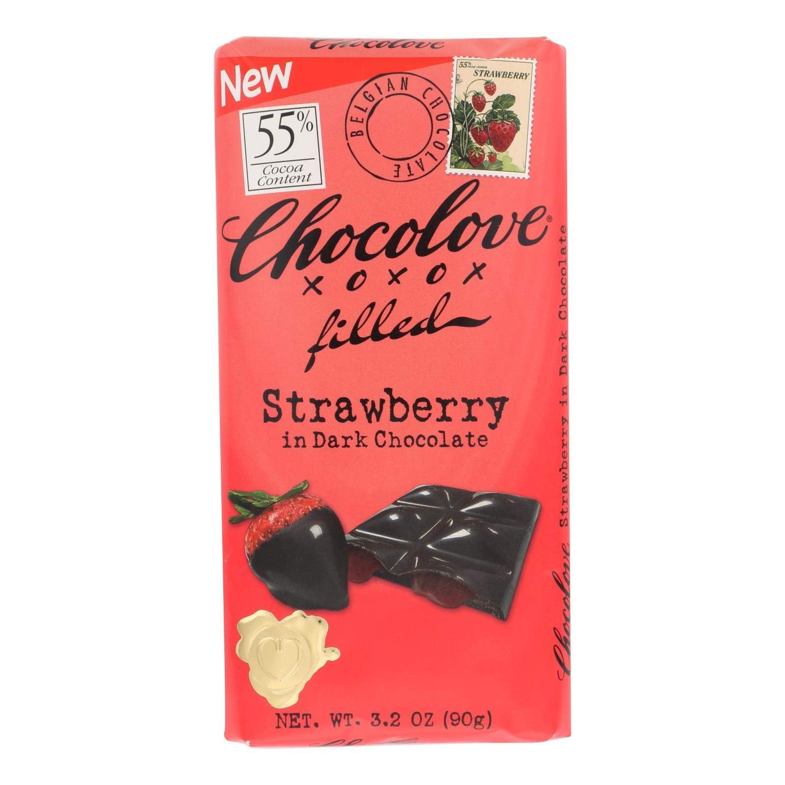 CHOCOLOVE XOXOX, BAR, STWBRRY CREME, DK CHOC, Pack of 10, Size 3.2 OZ - No Artificial Ingredients Kosher