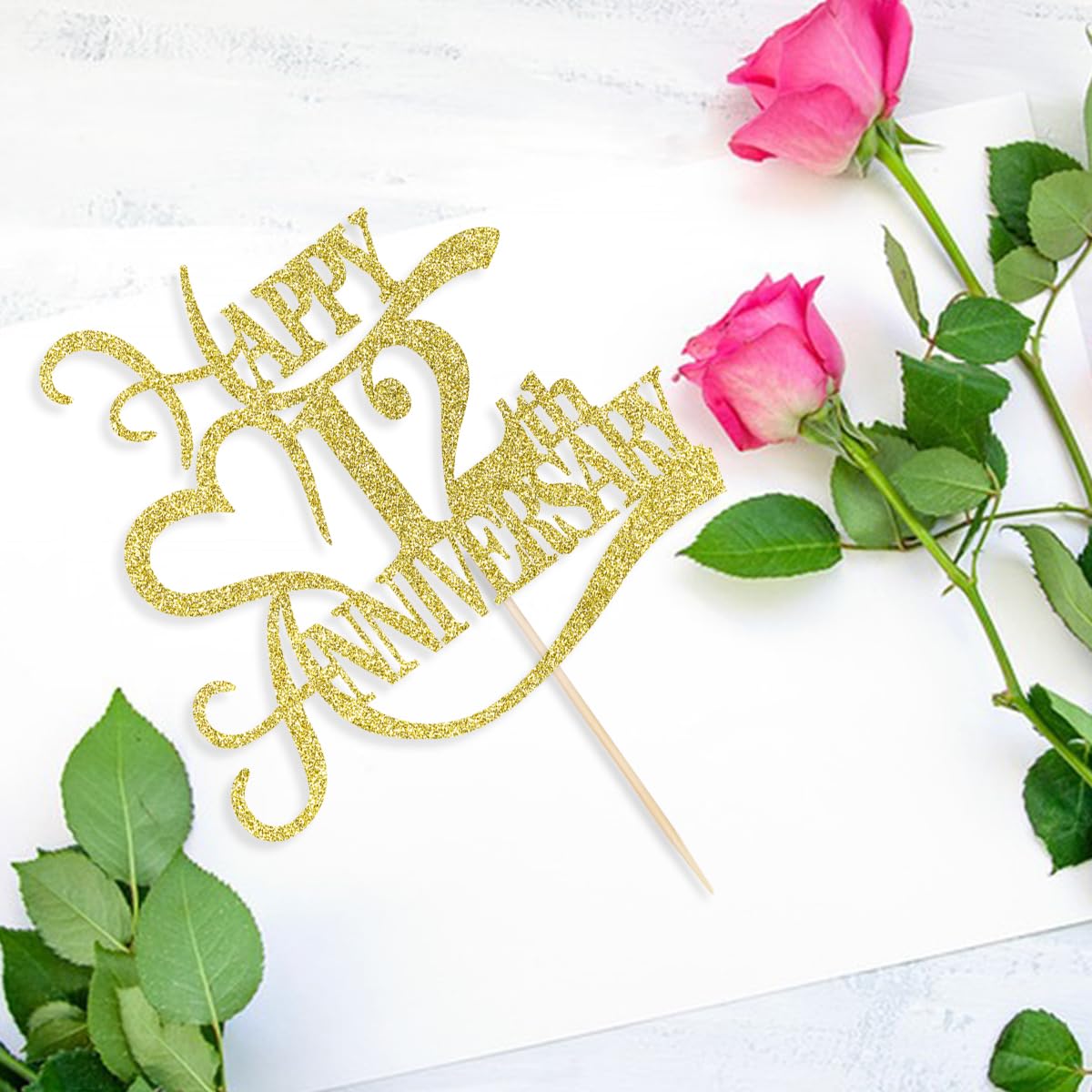 Yetxel Gold Glitter Cake Topper - 12th Anniversary Party Decoration - Paper - 12th Birthday Decorations