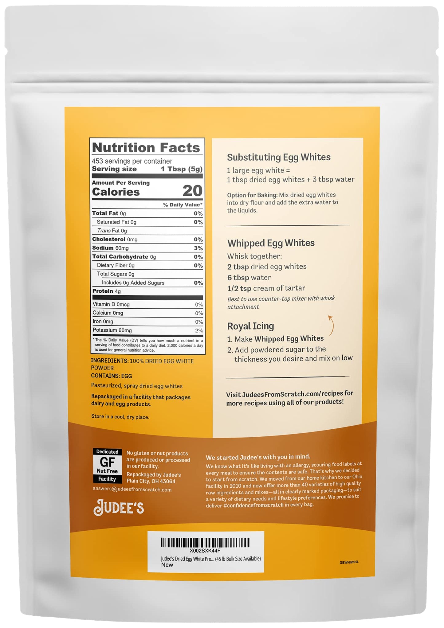 Judees Gluten Free Dried Egg White Protein Powder 5 lb - Pasteurized, USDA Certified, Non-GMO, Gluten-Free, Nut-Free - Just One