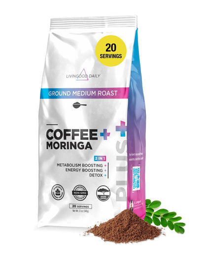 Livingood Daily Coffee with Moringa, Ground Medium Roast Coffee with Plant Based Ingredients for Morning Energy, Made with Morin